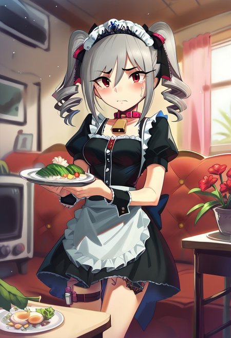 cad, idol clothes, 1eggvibrator, collar, cowbell on collar, plate, carrying silver platter ,silver platter with food, goth,  
gothic theme,
 <lora:KanzakiRanko_pony_v1a:0.8>
knzkrnk,  long hair, grey hair, sidelocks, twintails, drill hair, twin drills,  bangs, hair  between eyes, hair ornament, hair bow,  red eyes, medium breasts,
black dress, glossy dress, detailed embroidery, lace trim,   tiara, flower in hair, looking at viewer,
score_9, score_8_up, score_7_up, source_anime, 1girl, cute female, colorful, light particles, pink theme, inside, house, television, couch, potted plant, maid headdress,
 tearing up, crying, dusting, dejected, listless, defeated,   intense blushing,   vibrator in thigh strap,