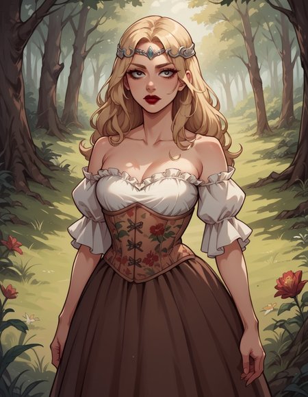 score_9, score_8_up, score_7_up, score_6_up, score_5_up, score_4_up, source_anime, 1girl, long blonde hair, makeup, red lipstick, hud_forest_fairy_dress, white and brown dress, puffy sleeves, floral corset, silver circlet, bare shoulders, <lora:forestfairyxlp_epoch_8:0.6>,