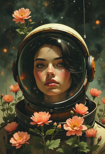A young woman inside a space helmet, 
gazing thoughtfully. 
She has wavy dark hair, and the visor of her helmet is clear, showing her serene expression. Around her,  peach-colored flowers, creating a contrast between the soft, delicate blooms and the hard, futuristic space helmet. The background is a cosmic, starry scene, blending elements of nature and space