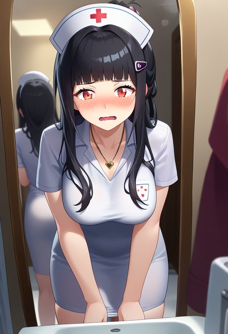score_9, score_8_up, score_7_up, source_explicit, source_anime,
BREAK
1girl, solo,  
<lora:d-nikke-richy-v1_pdxl:0.8>, dwife, black hair, long hair, blunt bangs, hairclip, hair ornament, sidelocks, red eyes, necklace, unworn mask,  
nurse cap, nurse, 
looking at viewer, embarrassed, wavy mouth, open mouth, full-face blush, 
mirror, covering privates, clothes pull, pulled by self, 
shiny skin, skindentation, 
BREAK
depth of field, lights, illumination, 
<lora:GoddessofNikkie_PonyXL:0.5>, Nikkedusk_Style,
<lora:naipony_v3:0.8>,
<lora:darkstyle:0.8>, neodark