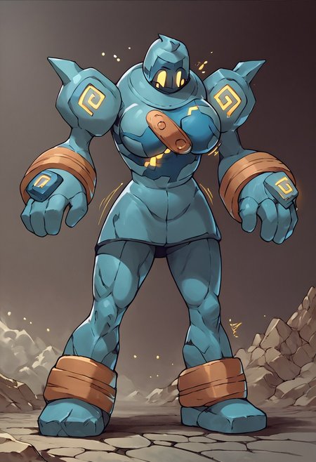 Score_9, score_8_up, score_7_up, 1girl, solo, female, trgrunthgssxl, transforming into golurk, mid transformation, breast expansion, Rocky body, Mouthless, Blue body, yellow accents,