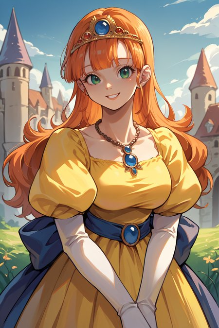 score_9, score_8_up, score_7_up, score_6_up, source_anime, 1girl, solo  <lora:dqlaura-pdxl-nvwls-v1-000005:1> dqlaura, orange hair, tiara, yellow dress, puffy sleeves, elbow gloves, white gloves, looking at you, smile, big breasts, upper body, necklace, blue sky, medieval, castle