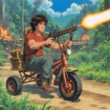 score_9, score_8_up, score_9_up, anime style, rambo, Satllone as Rambo rides a tricycle, red tricycle, small trycicle, shooting a machine gun, machine gun, outdoor, in the jungle,  jungle in the background, explosions in the background, war, dynamic view