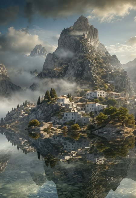 their peaks veiled in mist. mixed media, surrealism, great lighting, A surreal landscape highly detailed . extremely high-resolution details,  appears trapped in an optical illusion of reflections and refractions colorful , mountains and village in Ancient Greece , professional photography, natural lighting, volumetric lighting maximalist. intricately detailed, complex, elegant, expansive, fantastical, film photography style,  medium grain