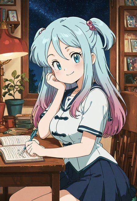 masterpiece, best quality, solo, curvy, beautiful eyes, narrow waist, wide hips, 1girl, solo, smile, looking at viewer,   zzLazuli, blue eyes, hair between eyes, blue hair, gradient hair, hair bobbles, hair ornament, long hair, multicolored hair, two side up,  school uniform, serafuku, sailor collar, blue skirt, pleated skirt, short sleeves,   ,<lora:LazuliByKurumiErika_IXL:1.0>,  , zzLofi, sitting, side view, desk, chair, book, bookshelf, head rest, holding, holding pen, lamp, night, open book, pen, plant, potted plant, sky, star (sky), starry sky, window, windowsill, writing, <lora:LofiGirl_Style_IXL:0.8>,, large breasts,    <lora:CuteRetroStyle_IXL_v1:1.0>,