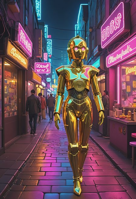 retro cyberpunk a C3PO1024 woman walking down the middle of a street, BREAK A small, hidden alleyway, a crowd of locals enjoying their evening meal at one of the many quaint restaurants lining the cobblestone path, a small neon sign flashing in the distance, It reads 'Ichiro's Ramen Shop'. . 80's inspired, synthwave, neon, vibrant, detailed, retro futurism,  <lora:C3PO1024:0.4>,
