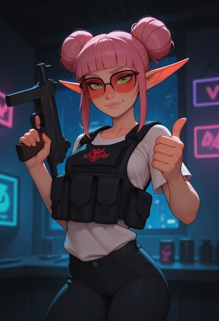 masterpiece, best quality, amazing quality, very aesthetic, DISNEY_ANIMATION, incoth, (incase:0.6), female, solo, (depth of field), indoors, nightclub, cyberpunk, night time, cowboy shot,
elf, pink hair, green eyes, cute face, slim, small breasts, double buns, blunt bangs, beautiful, kawaii, (small ears),
tactical vest, red glasses, white t-shirt with logo, black jeans, submachine gun,
thumbs up, holding pistol, dynamic pose, looking at viewer,