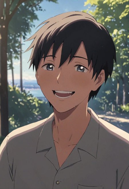 Highres, Masterpiece, High Quality, 4K, 8K, solo, 1Boy, Takaki Toono, adult, black hair, short hair, sunny weather, sunshine, potrait, laughing, looking at viewer, easynegative, detailed_eye_model