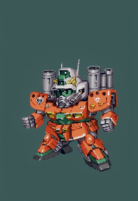 full body view, SRWFStyle,
guncannon_mass_production_type, shoulder cannons deployed, chibi, mecha, no humans, robot, simple background, green background