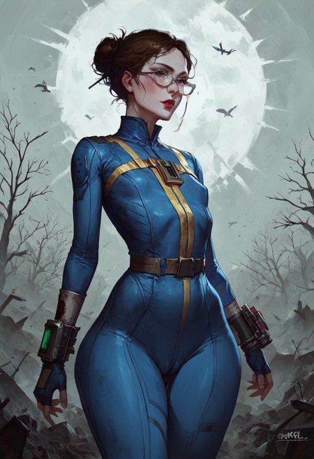 score_9, score_8_up, score_7_up, Expressiveh, 
BREAK 1girl, 20 year old, petite, wearing a vault tec fallout vault suit, pipboy3000, fallout, harsh sunlight, standing, posing shyly in the wasteland,randome pose, brown hair, hairbun,  scientist glasses, hourglass figure, huge ass, flat chest, cameltoe,