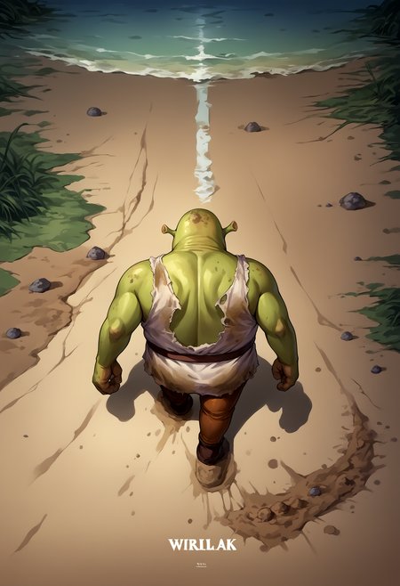 score_9, score_8_up, source_anime, shrek, green skin, <lora:Shrek_XLPD:1>, <lora:concept_akiraposter_ponyXL:1>, akiraposter, from above, from behind, walking, wetland, swamp, dirt, dirty, ocean,