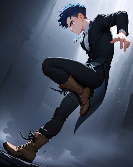 masterpiece, best quality, amazing quality, very aesthetic, absurdres, newest, 1boy, male focus, 21 years  old,  full body, head to toe, dynamic pose, blue eyes, eyeshd, tailcoat, long pants, knee high lace up boots, necklace, highly detailed eyes, from the side,  confident, serious, abstract background, dark, light, fog, masterpiece, best quality, amazing quality, very aesthetic, absurdres, newest, volumetric lighting,
 freckles, muscular, no-lineart style, big eye background,
breeze style
<lora:Bree_Style_Hv1:1>