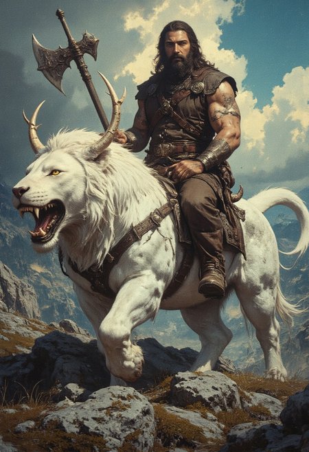 A muscular Valkyrie style Norse warrior riding a fantastical huge white beast in a rugged, mountainous landscape. The warrior, with a rugged, bearded face and long, dark hair, is dressed in medieval-style attire consisting of a sleeveless brown leather vest, brown trousers, and brown boots. He wears a belt with a sheathed sword and a quiver of arrows. His expression is determined as he rides the massive beast. The white beast is a mix of a dragon and a lion, with sharp, curved horns, a long, muscular tail, and a fierce, open-mouthed expression revealing sharp teeth. Its eyes are yellow. The creature's fur is sleek and white. The warrior holds the reins with one hand. The background is a dramatic, partly cloudy sky with a deep blue hue transitioning to a lighter blue at the horizon. The ground beneath them is rocky and uneven, with patches of grass and sparse vegetation. weapons, axe, hammer, dramatic lighting, yellow sphere on the background