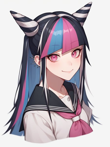 score_9,score_8_up,score_7_up,<lora:danganronpa_all:1>,1girl, character: mioda ibuki, solo, upper body, looking at viewer, smile, closed mouth, hair horns, pink eyes, alternate hairstyle, black hair, blue hair, long hair, multicolored hair, pink hair, white hair, twintails, piercing, grey shirt, school uniform, black sailor collar, short sleeves, highres, cropped torso, pink neckerchief, bad id, bad pixiv id, korean commentary