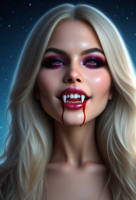 concept art, realistic, 1girl, ((solo:1.8)), 18 years old.
Gorgeous sexy female. Beautiful feminine face, 
Sexy makeup, VampFang, Fangs. Blood on the chin