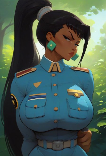 masterpiece, score_9, score_8_up, score_7_up, (best quality:1.1), ultra-detailed, high resolution, super detailed skin, Highly Visible, 8k, sharp focus, beautiful, perfect lighting, smooth edges, 1 girl, ChelXLP, chel, black hair, ((ponytail)),green earrings, 
(((military milf, military badges,blue suit, air force hair, military suit, serious expression ))),
very long hair, tan skin,(massive breasts), (thick thighs), closeup, ((giver pov)),cowboy shot,csr style,g4n1m3