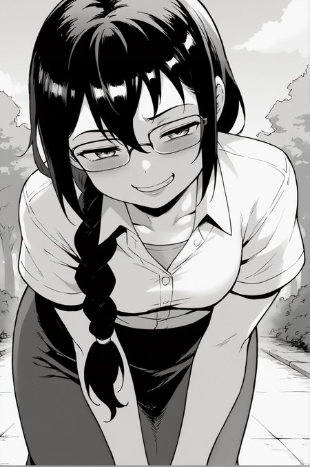 score_9, score_8_up, score_7_up, monochrome, manga_source, best background, detailed background, manga, greyscale   Reiko Kirishima, teacher outfit, solo, outdoors, horny, smug, naughty face, bent over, braid, braided ponytail  <lora:JN_Shounen_Ga_Otona:0.8>