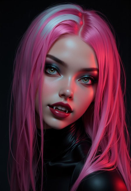masterpiece, high detail, masterpiece, closeup portrait of stunning oriental vampire woman, long pink hair with white streak, dark eyeshadow, red lips, mouth slightly open showing fangs, chiascuro, sexy, seductive, erotic, direct gaze, dark background. highest definition, HD32K, wallpaper, hyperdetailed, concept art, extreme closeup, side profile