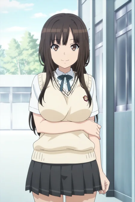 anime screenshot, kamizaki makoto, 1girl, solo, black hair, long hair, brown eyes, large breasts, school uniform, kibito high school uniform, white shirt, collared shirt, short sleeves, yellow sweater vest, green ribbon, neck ribbon, grey skirt, pleated skirt, looking at viewer, smile, arm under breasts, hand on own arm, cowboy shot, outdoors, school, masterpiece, best quality, high quality, highres, absurdres, <lora:kamizaki_makoto_ILXL:0.9>