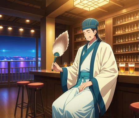 masterpiece,best quality,amazing quality,very aesthetic,absurdres,newest, huge filesize, 
<lora:spo_sdxl_10ep_4k-data_lora_webui:0.5>,anime screenshot, 2d anime,anime coloring, 
<lora:add-detail-xl:1>  
<lora:Paripi_Koumei_V1:0.8>
Paripi_KoumeiV1,
1boy,facial hair,  solo, 
chinese clothes,hanfu,standing,
long sleeves,wide sleeves,
long hair,hat,blue headwear,robe,mustache,    
closed mouth,sash,black hair,p_koumei,  light smile, 
 feather fan,    pub,bar stool, bartender, sitting,  holding cup,
 pub, indoors, night, shibuya \(tokyo\),  stage lights, disco,