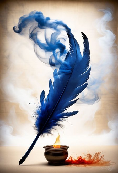mysterious phoenix feather gliding through the air, feather dissolving into smoke, single drop of deep blue ink dropping from the tip of the feather into a half full ink pot while an old piece of aged paper scroll with beautiful writing and burning edges is hovering in the middle of it all, lightrays backlighting glorious feather, burning paper scroll dissoliving into smoke, lightrays backlighting smoke, fading blue red background, by Minjae Lee, Carne Griffiths, Emily Kell, Steve McCurry, Geoffroy Thoorens, Aaron Horkey, Jordan Grimmer, Greg Rutkowski, amazing depth, double exposure, surreal, geometric patterns, intricately detailed, bokeh,  perfect balanced, deep fine borders, artistic photorealism , smooth,  great masterwork by Suiras  <lora:add-detail-xl:2>  <lora:Double_Exposure:0.5>