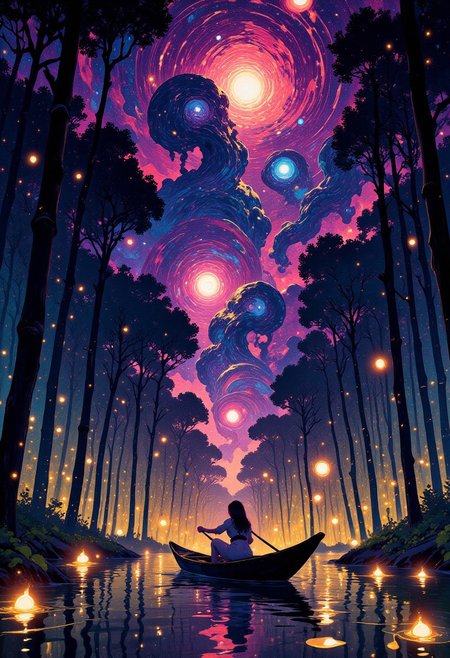A surreal landscape where a girl glides in a gondola through a flooded bamboo forest, fireflies illuminating the scene above the water, the cosmic sky ablaze with magical lights and swirling galaxies, the atmosphere thick with an eerie beauty, captured with hyperrealism and vivid colors, generating a sense of awe and the uncanny, paying special attention to reflections and material textures.
DreamArt,
i11ustmin Illustration,