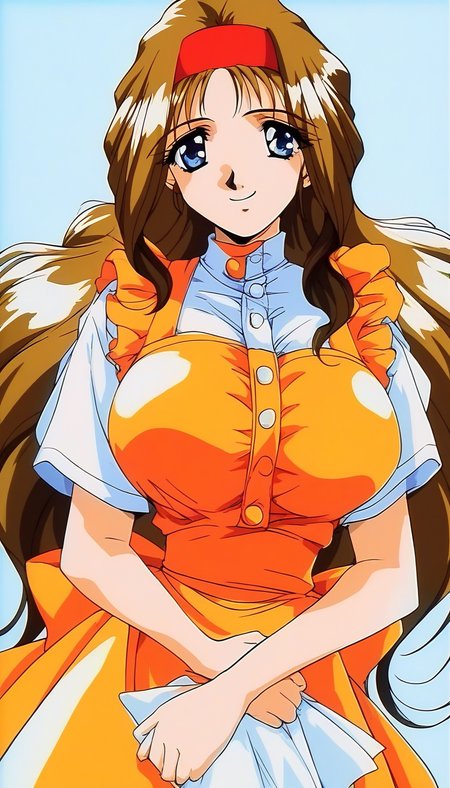 score_9, score_8_up, score_7_up, source_anime, rating_explicit, BREAK <lora:Kokubo_Reika_OVA_XL:1>Kokubo_Reika_OVA, brown hair, long hair, blue eyes, large breasts, 
1girl, solo, hairband, retro artstyle, waitress, bow, smile, orange apron,
