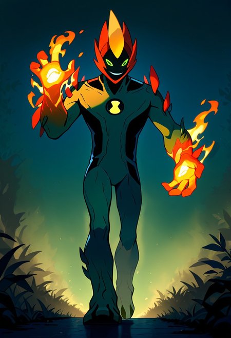 masterpiece, best quality, amazing quality, very aesthetic, absurdres, newest, 
swampfire, colored skin, spikes, colored sclera, 1boy, green skin, green eyes, pokemon (creature), shoulder spikes, no humans, smile,  green background, smiling,,
dark, glowing eyes, fire hands, walking, night time,