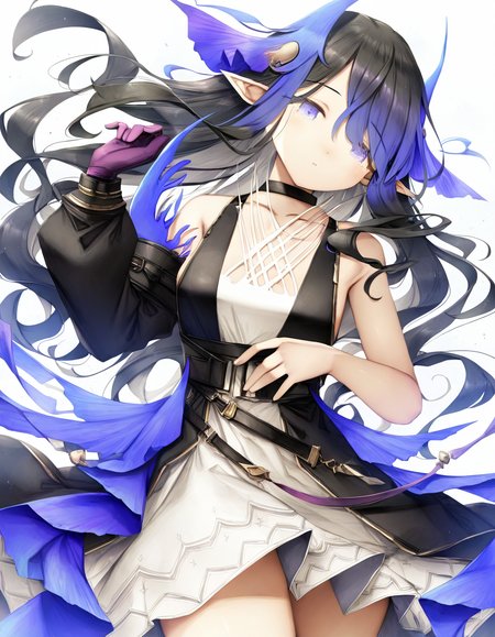 1girl,solo,looking at viewer,simple background,white background,cowboy shot,highmore,single glove,purple gloves,<lora:highmore-000010:1>,, masterpiece, best quality, very aesthetic, absurdres,newest, incredibly absurdres,, (lee hyeseung:0.7),(sugiyuu:0.8),