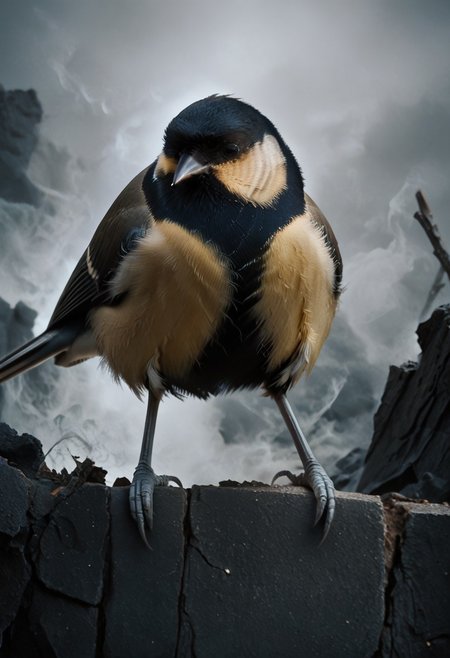 score_9, score_8_up, score_7_up, score_6_up, score_5_up, score_4_up, rating_safe,source_photorealistic,upper body,1bird,a gaint tit rampaging throughout a burning city