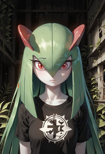 (((Kirlia))), female, anthro, pale white skin, score_9,score_8_up,score_7_up, masterpiece, best_quality, ultra-detailed, masterpiece, 1girl, solo, kirlia, very long hair, red eyes, afraid, perfect face, thick eyeliner, hourglass body, high quality, low light, dramatic lighting, darkness, intricate details, portrait, ((face focused)), wearing ripped dirty black t-shirt, detailed background, post-apocalypse background, ruined house, overgrown with plants, (perfect eyes:1.3,((cat pupils))),dvr-lnds-sdxl, combinestyle