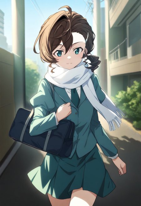 masterpiece, best quality, very aesthetic, absurdres,perfect,1girl,Inuyama Mana,GeGeGe no Kitarou,solo,cowboy shot,(day:1.5),urban residential area,1 hair tie,light smile,holding nylon school bag,walking,blue eyes,(white  scarf:1.2),school uniform,(white shirt:1.2),(juliet sleeves:1.2),(celadon blazer:1.2),(dark sea-green necktie),(dark sea-green skirt),(single hair intake:1.5),(wavy hair),(swept bangs) and (hair pulled back:1.2),hair between eyes,(low ponytail),Ahoge,(Brown) medium hair,sideburns, 1 silver hairpin