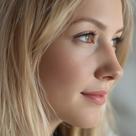 " LEFT Side profile close-up  of  blond white Russian woman, blonde hair framing her face, brown eyes locked on the camera, sharp nose,  subtle smile on  soft pink lips straight ahead in a calm expression,, (hyperrealistic:1.3), (photorealistic:1.2), cinematic lighting, ultra-detailed facial features.” straight ahead in a calm expression, (hyperrealistic:1.3), 8k resolution, high dynamic range, intricate face details.”