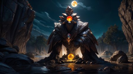 (masterpiece, best quality, fullscreen), [(full body:0.9)::0.2] (photo of a Enormous [magical being:creature:0.6] made of stone blocks:1.1), (glowing Citrine eyes:1.3), (Serrated Galena [stone, mud] skin:1.3), (some Bright raw giant Moonstone:1.4), (mud Alchemist Vestment :1.3), (Regency Aquatic body with Crystalline head and with one Padded Appendages:1.2), (background outdoor among rocks with Otherworldly Glow and Mountain Silence and Solution Caves:1.1), (Enchanted Moonlight lighting:1.1), <lora:EFFECT ruby-gem-style-darquelilly-v2:0.3> rubygemstyle, <lora:EFFECT ral-drath-sd15:0.3> drath, <lora:EFFECT sandsculpturecd-000003:0.3> sandsculpturecd, <lora:MONSTER Critters:0.3> Critters, , (look at the viewer:0.9), , <lora:SLIDER weight_slider_v2:0.5>,<lora:LIGHT NOISEOFFSET_V2_BY_STABLE_YOGI:0.4> low key, <lora:LIGHT nLoRA:0.3> dark theme, <lora:QUALITY add_detail:0.5>, (Full body Shot, Shallow Focus Shot, Low Angle Shot:[1.2:0.5:0.1]), heavily detailed, , , (sharp focus), , (no humans), remely detailed, volumetric lighting, octane render, raytracing, trending on artstation, masterpiece, 8k