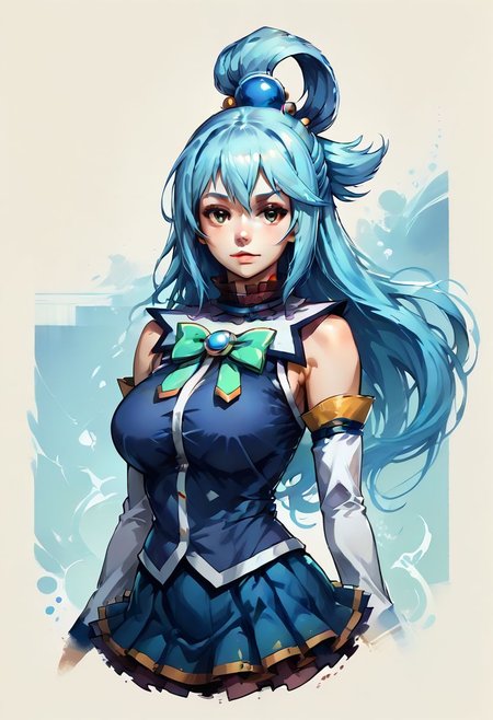 Faded Headshot, faded bottom, faded edges ,score_9,score_8_up,score_7_up,score_6_up,score_5_up,
1girl, Aqua(/Konosuba)/,(ultra HD quality details), pale skin, blue eyes, blue hair, long hair, hair ornament, hair rings, single hair ring
blue footwear, blue hair, blue thighhighs, boots, detached sleeves, thigh boots, thighhighs, white thighhighs, thighhighs, bare shoulders, blue skirt, blue shirt, green bow,
detailed, skin, texture, detailed skin texture, 
, digital illustration, rule 63, full body, perfect anatomy, perfect face, butt showing esthetically, abstract beauty, beautiful, centered, looking at the camera, approaching perfection, dynamic, moonlight, highly detailed, watercolor painting, artstation, concept art, smooth, sharp focus, illustration, 
(upper body:1.2), (close up:1.5), portrait, huge breasts, deep cleavage,