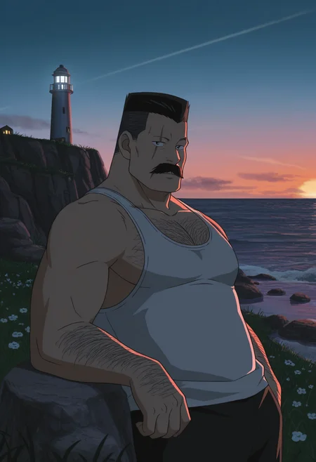 1boy, standing, looking at viewer, white tank top, grasslands, flower, white cliff, leaning on rock, upper body,
BREAK
<lora:Kiyonaga_Matsumoto_from_Detective_Conan_v1.0_1758411:1> plump, pectorals,
kiyonagamatsumoto, mature male, black hair, flattop, thick mustache, scar across eye, anime screencap,
BREAK
thick arm hair, thick chest hair, realistic,
BREAK
outdoors, horizon, white cliff, ocean, cliff, lighthouse, lighthouse,
vibrant color, moody sky, sunset, dark, lighthouse beam,
BREAK
very awa, masterpiece, best quality, absurdres, newest, perfect quality, detailed background, intricate details,
