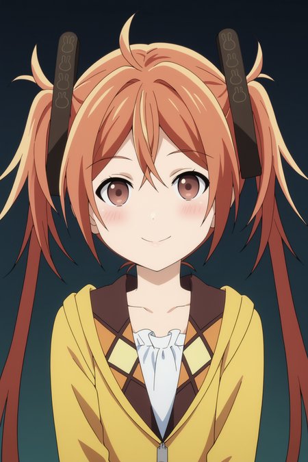score_9, score_8_up, score_7_up, source anime, prefect lighting, very aesthetic, BREAK, anime screencap, anime coloring,
<lora:aihara_enju_v1-pony6:0.9>, 1girl, aihara enju, black bullet, orange hair, long hair, straight hair, enjoout, twintails, hair ornament, 
BREAK, looking at viewer, light smile, blush, portrait, 
BREAK,