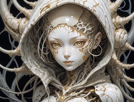 an image of fractal (creepy masterpiece anime artwork by Tsutomu Nihei, a [porcelain doll woman:beautiful porcelain woman:5], otherworldly beauty, kintsugi skin,  sensual gaze, a cute face, cracked porcelain, shiny reflective surface, hood, anime proportions, highres, 8k, by HR Giger, cybernetic robotic, strange but beautiful sci-fi, dystopian future,  otherworldly, wild and untamed, highly detailed, intricately detailed,) made of  labyrinthine  rock and pulsating blobby discs of    luminous with furry  pistils  of    chlorine, oak_brown and mist_gray ,artificial lighting,   highly detailed masterpiece, absurdres,