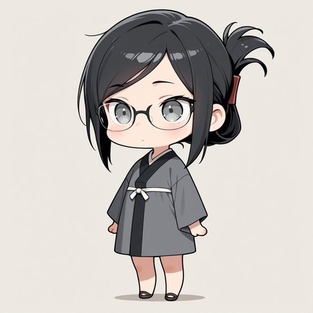 masterpiece,best quality,amazing quality, 1girl, whole body, chibi only, black hair, folded ponytail, swept bangs, glasses, gray eyes, simple background