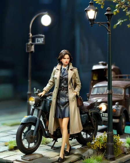 resin material style,female detective in trench coat,English street at night,street lamp,old motorcycle,