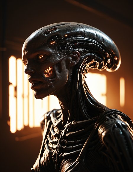(score_9, score_8_up, score_7_up),  eerie female xenomorph ready to atack in a sophisticated alien ship,  dramatic lighting, <lora:DRKDL:0.5>, Biomechanical, HR giger inspired, organic, oily, bones, dark, scary