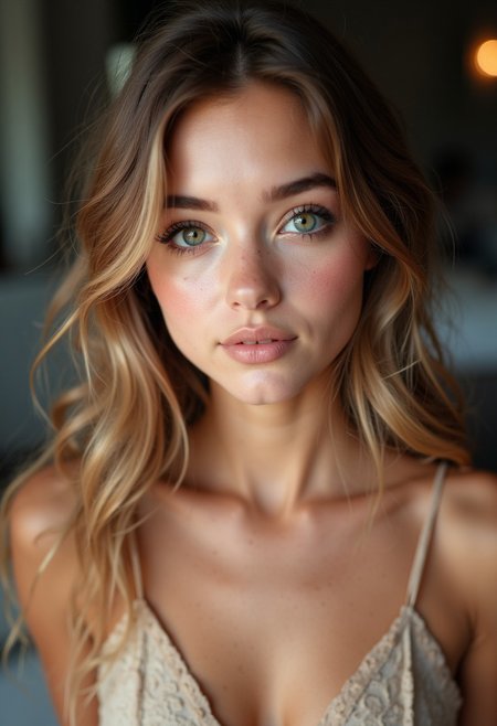 A stunning 18 year old girl with unnaturally large captivating eyes, an incredibly cute face, perfect pale skin, and visible cleavage.