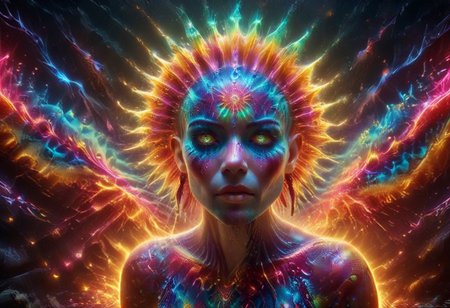 a full body fire entity girl with multicolored flames, purple and blue lights, green and blue flames, pink energy electric eyes, professional photography of an fantastical creature, young woman, shaved head Finely detailed, in a solarpunk environment, looking at viewer, solo, headwear removed, realistic, night blue sky, own hands, spooky makeup, entirely made of stars and galaxies, cyber light trails with whimsical elements, swirling magic, eerie fairytale landscape, elaborate fantasy style art, very colorful, intricate details, ultra sharp, exquisite detail, flawless composition, vivid colors, masterpiece, exciting background, psychedelicai, made out of,colorful,liquid,Murano Art Glass, GlowingInk, mad-glowtiedye, glowneon, glowing, sparks, lightning
