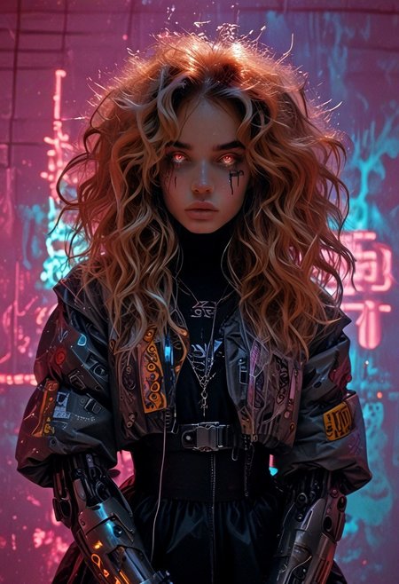 score_7_up, (score_9:1.1), (ugly:0.9),(pretty:1.4),1woman, adult, realistic, realism, hyper realistic, sparkling hair, floaty hair, wavy hair, (soft light coloured hair:1.3), (red iris, glowing iris, neon white pupils:1.3), looking at viewer, big hair, huge afro, zero gravity hair, detailed, perfect, perfection, hands, big scar across face,
BREAK,
((extra_puffy_jacket, black skirt, glossy lips, shiny skin)), full lips, hands behind back, (upper body:1.9),  blocky shape cybernetics, cybernetics, cybernetic skin, raised eyebrow, pale skin, ((snub nose:1.4)), breasts, (prominent abs:1.1), focus upper body,  sweating, 
BREAK,
(neon background, future slums, neon, cybernetic background, mist:1.3),(cybernetic mechanical arm, prosthesis:1.3),