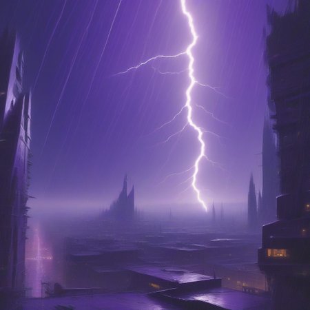 symphtia-style, masterpiece, best quality, absurdres, vibrant, highly detailed, very aesthetic, volumetric lightning, cityscape, futuristic european architecture, (futuristic theme:1.2), night, polluted atmosphere, sunset, dark clouds cover, heavy rain, thunder, purple lightnings