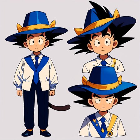 score_7_up, score_8_up, score_9, masterpiece, (1boy, solo,)perfect face, perfect hands, high quality, source_anime, son goku, black hair, black eyes, spiked hair, monkey tail, male child,(chibi), blue headwear, hat, formal, blue suit, white shirt, collared shirt, spiked hair, blue necktie, shoes, standing, front view,  cartoon, t pose, plain background, smile