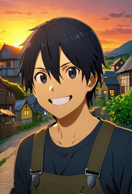 high resolution, professional photography, best quality, 1Boy, Kirigaya Kazuto, Black Hair, Black Eyes, potrait, laughing, very happy, half body, village, sunset, looking at viewer, overalldetail