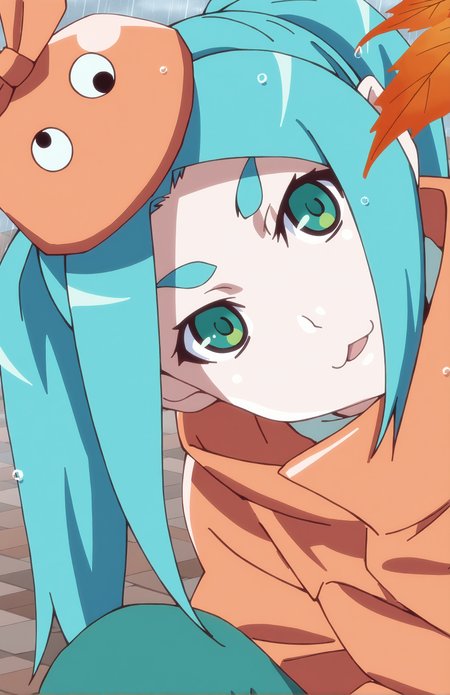 OnonokiYotsugi. 1girl, solo, aqua hair, twintails, green eyes, orange hat, ((orange coat, green pants)), autumn, rain, face focus, portrait, :3, open mouth, side view, 
