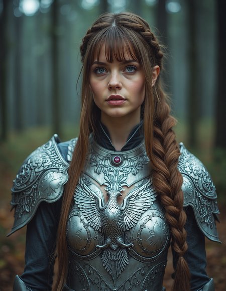 photography, detailed, fantasy background, showing a forest, Forground: A woman, 40 years old, (wrinkles:0.75), wearing filigree mage armor outfit depicting a silver eagle, european, long hair with front bangs, side bangs, and a long braided ponytail