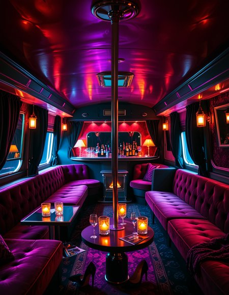The interior of an old RV transformed into a mysterious, shady lounge with a moody and dimly lit atmosphere. The space is filled with deep red and purple lighting, creating a sultry neon glow. In the center stands a chrome pole mounted to the ceiling and floor, surrounded by plush velvet seats and low tables with half-empty glasses and flickering candles. The walls are lined with heavy curtains and faded wallpaper, giving a vintage and secretive vibe. A small bar area in the back holds various bottles and glasses, with a mirror backsplash reflecting the dim lights. The floor is covered in worn carpets and scattered with high heels, scarves, and old magazines. Subtle details hint at an underground lifestyle, without showing anything explicit. The overall ambiance is smoky, intimate, and cinematic. Highly detailed, noir-inspired, low-key lighting, retro-modern fusion style.
<lora:SDXLFaeTastic2400:0.4> <lora:extremely_detailed:0.4> extremely detailed<lora:4dult_rv:1>,4dult rv, Masterpiece,best quality,hi res,8k,hi res,8k,award winning,(sharp focus, intricate, highly detailed),